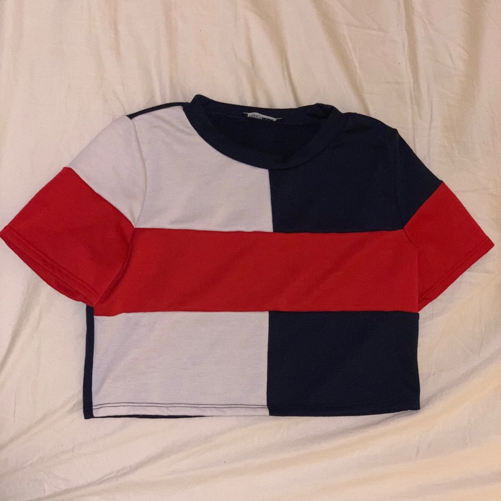 Colorful White, Navy, and Red Crop Top